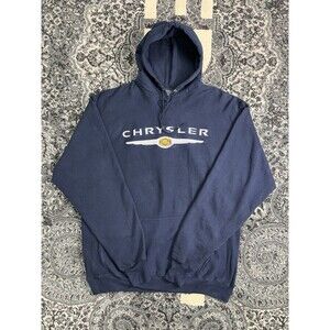 VTG Chrysler Logo Embroidered Spell Out Heavyweight Hoodie Navy Blue Size XL